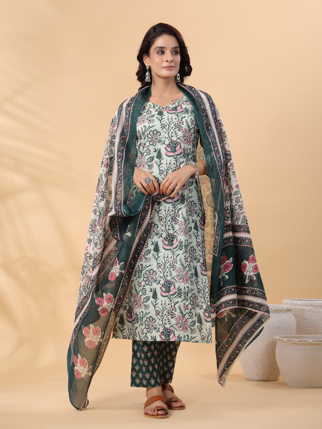Janasya Regular Cambric Mint Floral V-Neck Kurta,Bottom & Dupatta - Distacart