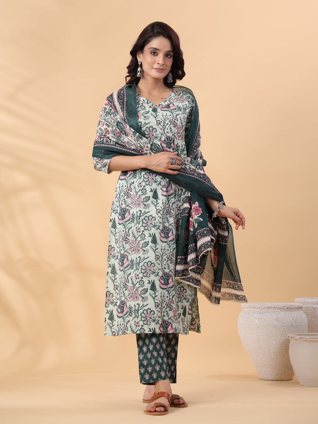 Janasya Regular Cambric Mint Floral V-Neck Kurta,Bottom & Dupatta - Distacart