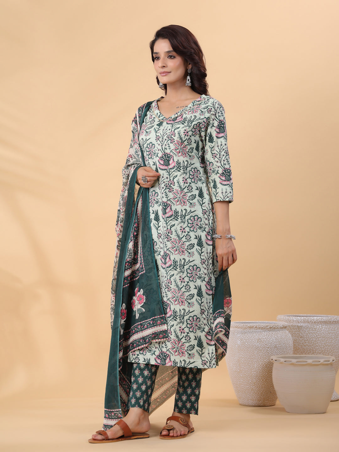 Janasya Regular Cambric Mint Floral V-Neck Kurta,Bottom & Dupatta - Distacart