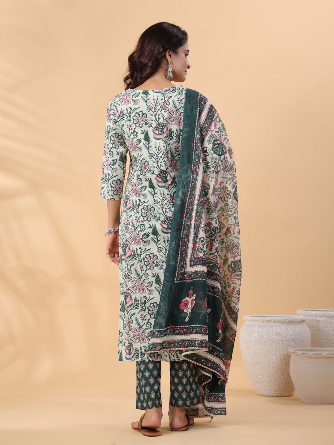 Janasya Regular Cambric Mint Floral V-Neck Kurta,Bottom & Dupatta - Distacart
