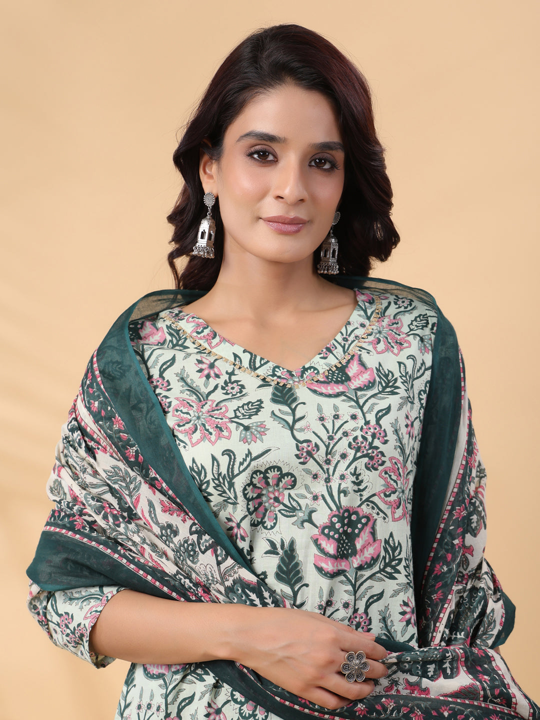 Janasya Regular Cambric Mint Floral V-Neck Kurta,Bottom & Dupatta - Distacart