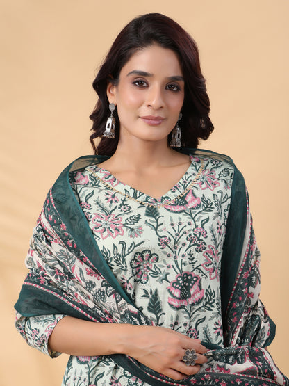 Janasya Regular Cambric Mint Floral V-Neck Kurta,Bottom & Dupatta - Distacart