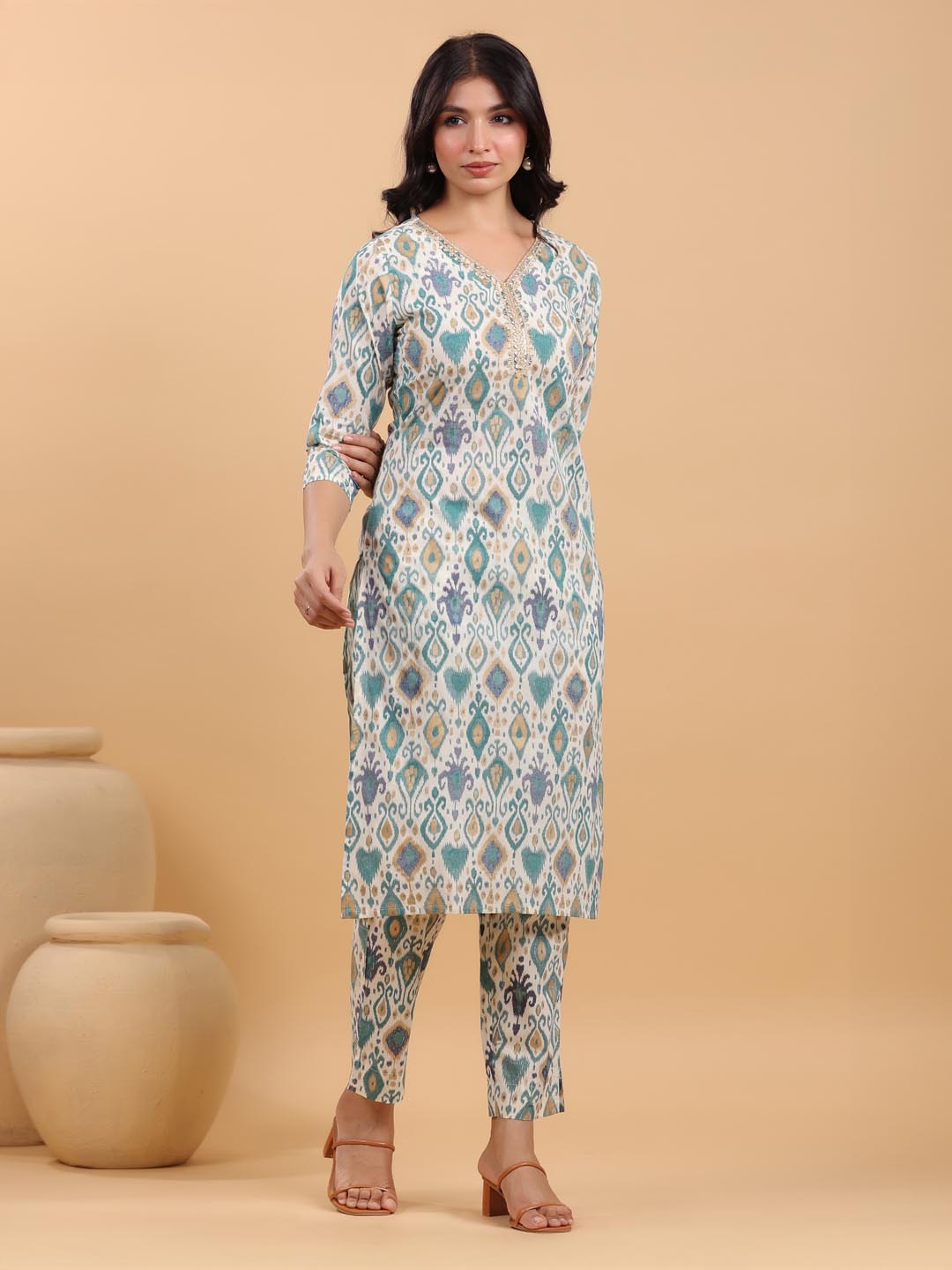 Janasya Light Cotton Ikkat Straight Kurta Set