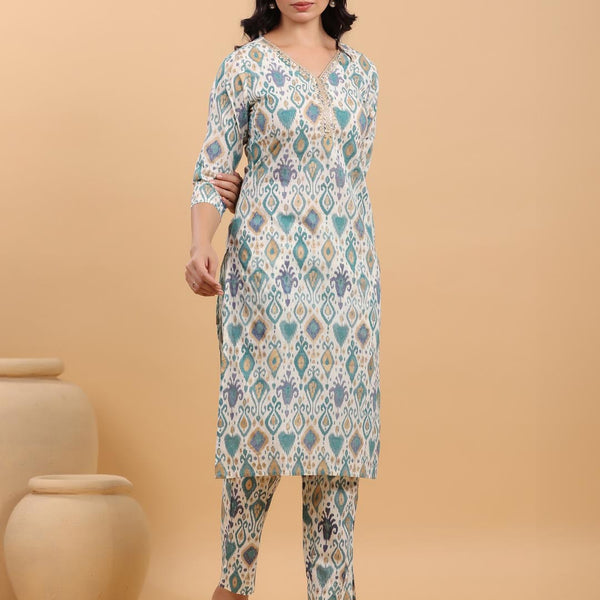 Janasya Light Cotton Ikkat Straight Kurta Set