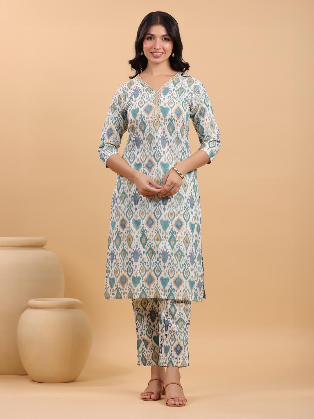 Janasya Light Cotton Ikkat Straight Kurta Set