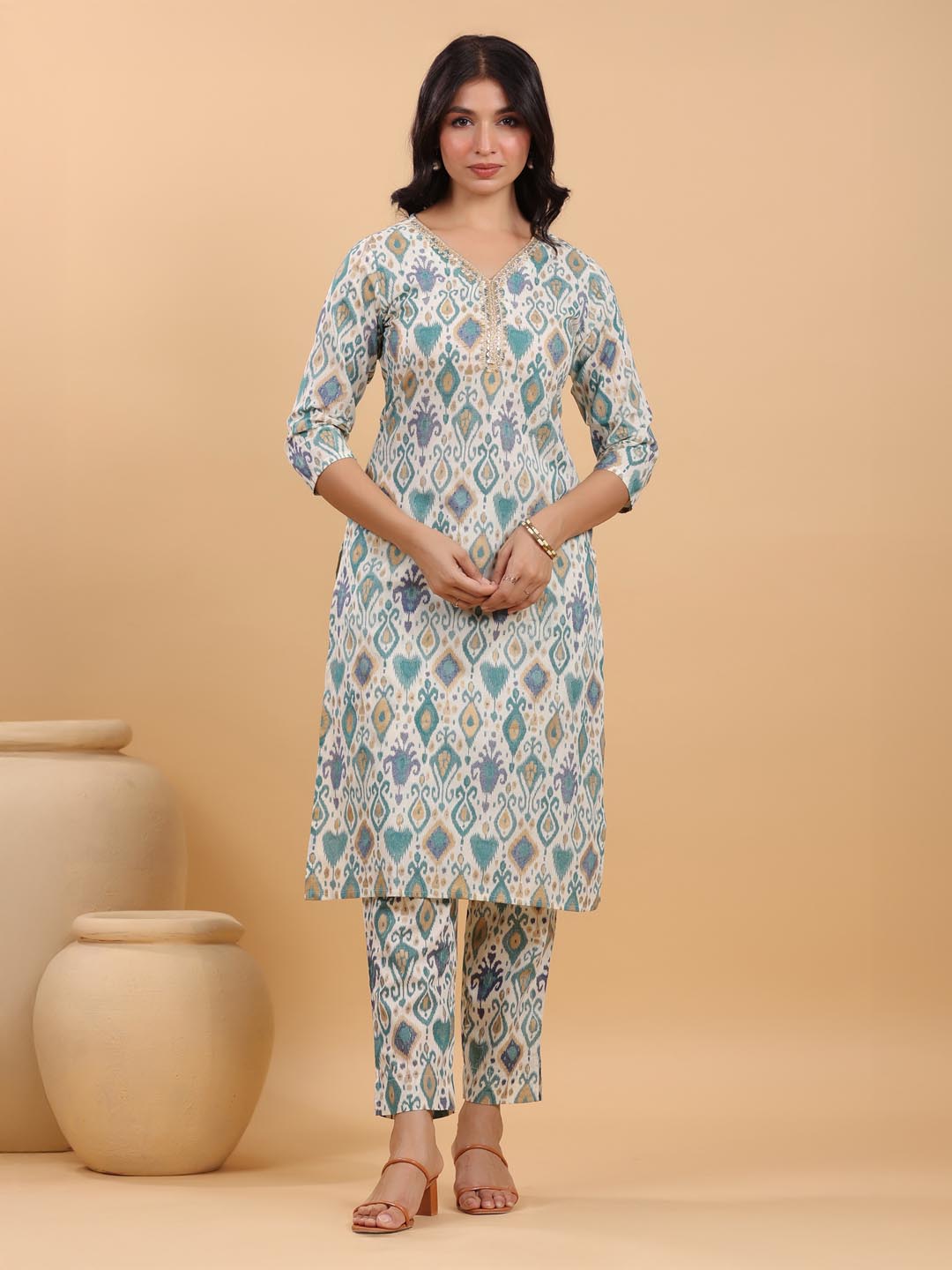 Janasya Light Cotton Ikkat Straight Kurta Set