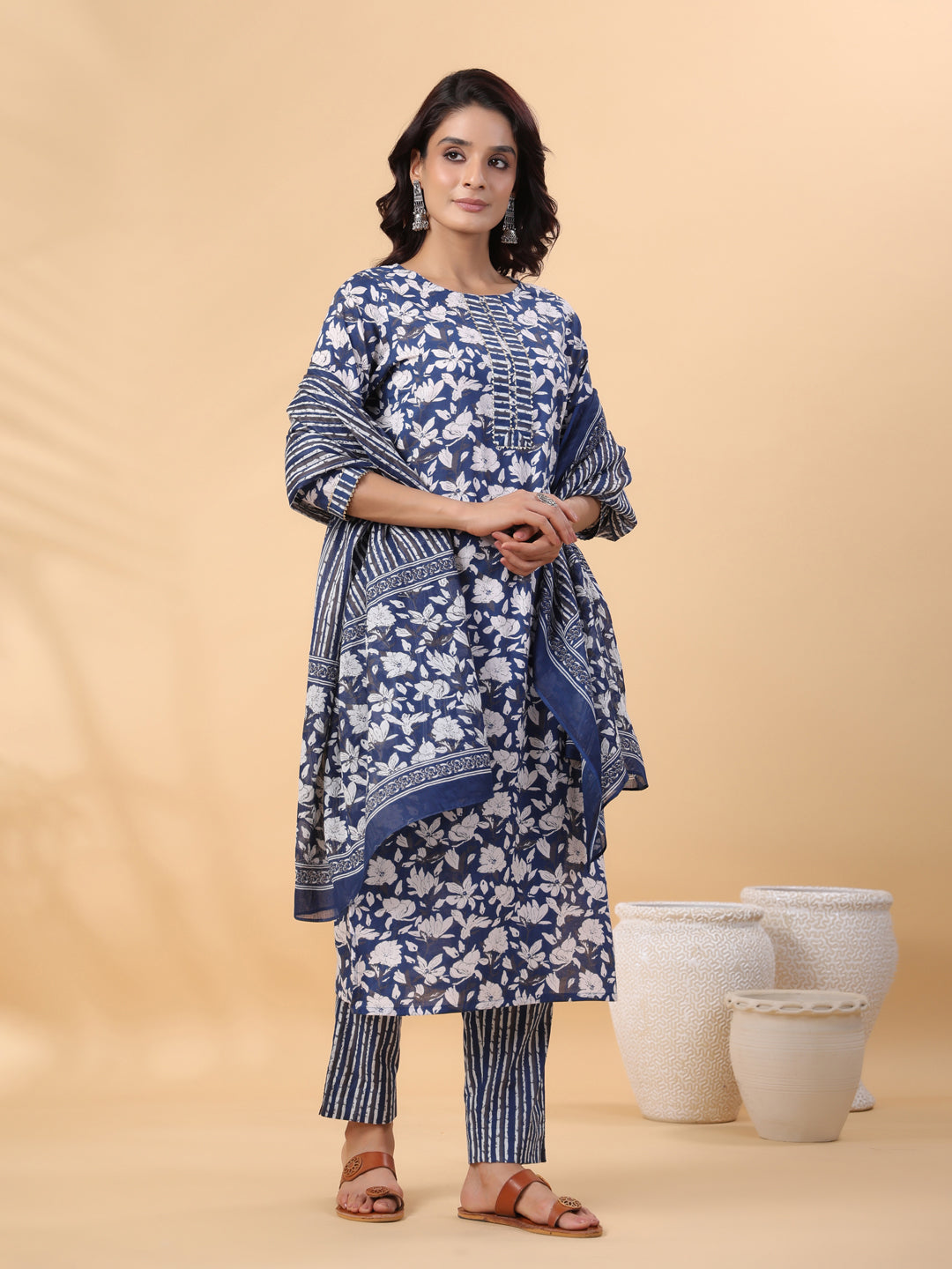 Janasya Blue Cambric Floral Set - Distacart