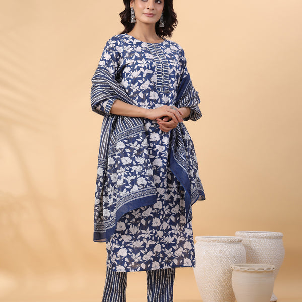 Janasya Blue Cambric Floral Set - Distacart
