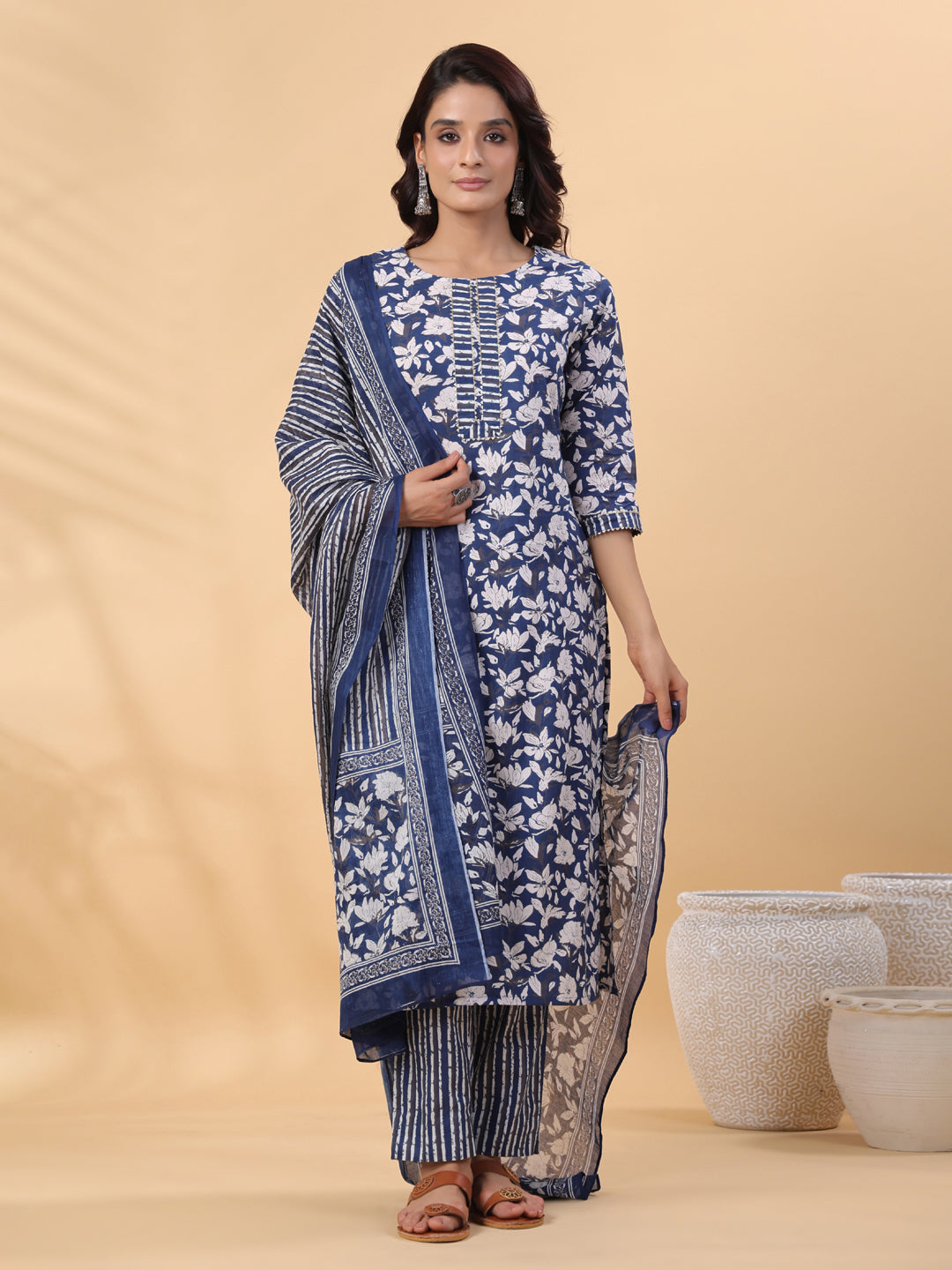 Janasya Blue Cambric Floral Set - Distacart