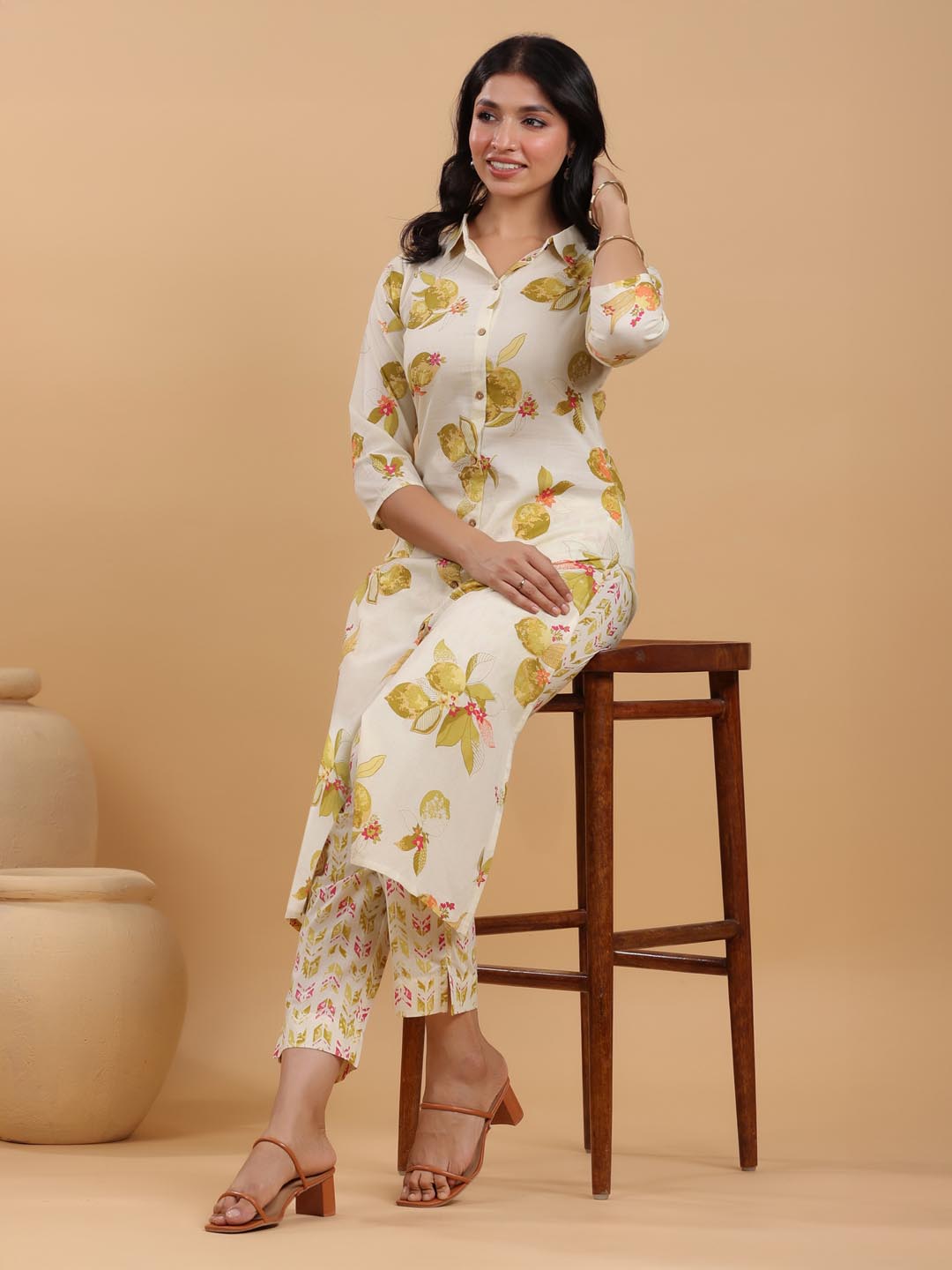 Janasya Light Cotton Floral Button Down Shirt Kurta Set