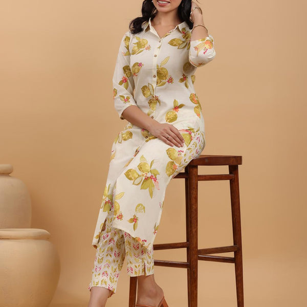 Janasya Light Cotton Floral Button Down Shirt Kurta Set