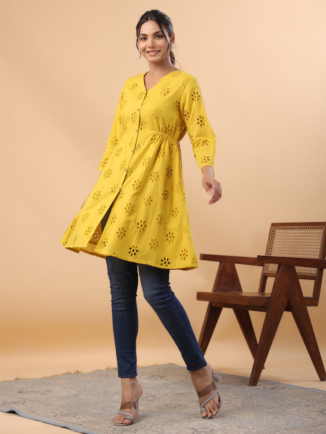 Janasya Mustard Cotton Schiffli A-Line Tunic
