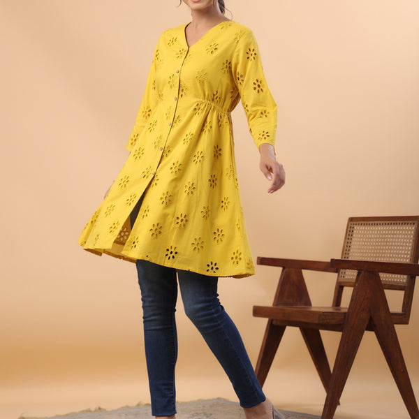 Janasya Mustard Cotton Schiffli A-Line Tunic - Distacart