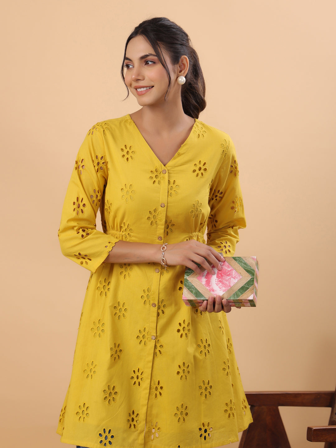 Janasya Mustard Cotton Schiffli A-Line Tunic