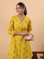 Thumbnail for Janasya Mustard Cotton Schiffli A-Line Tunic