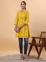 Thumbnail for Janasya Mustard Cotton Schiffli A-Line Tunic