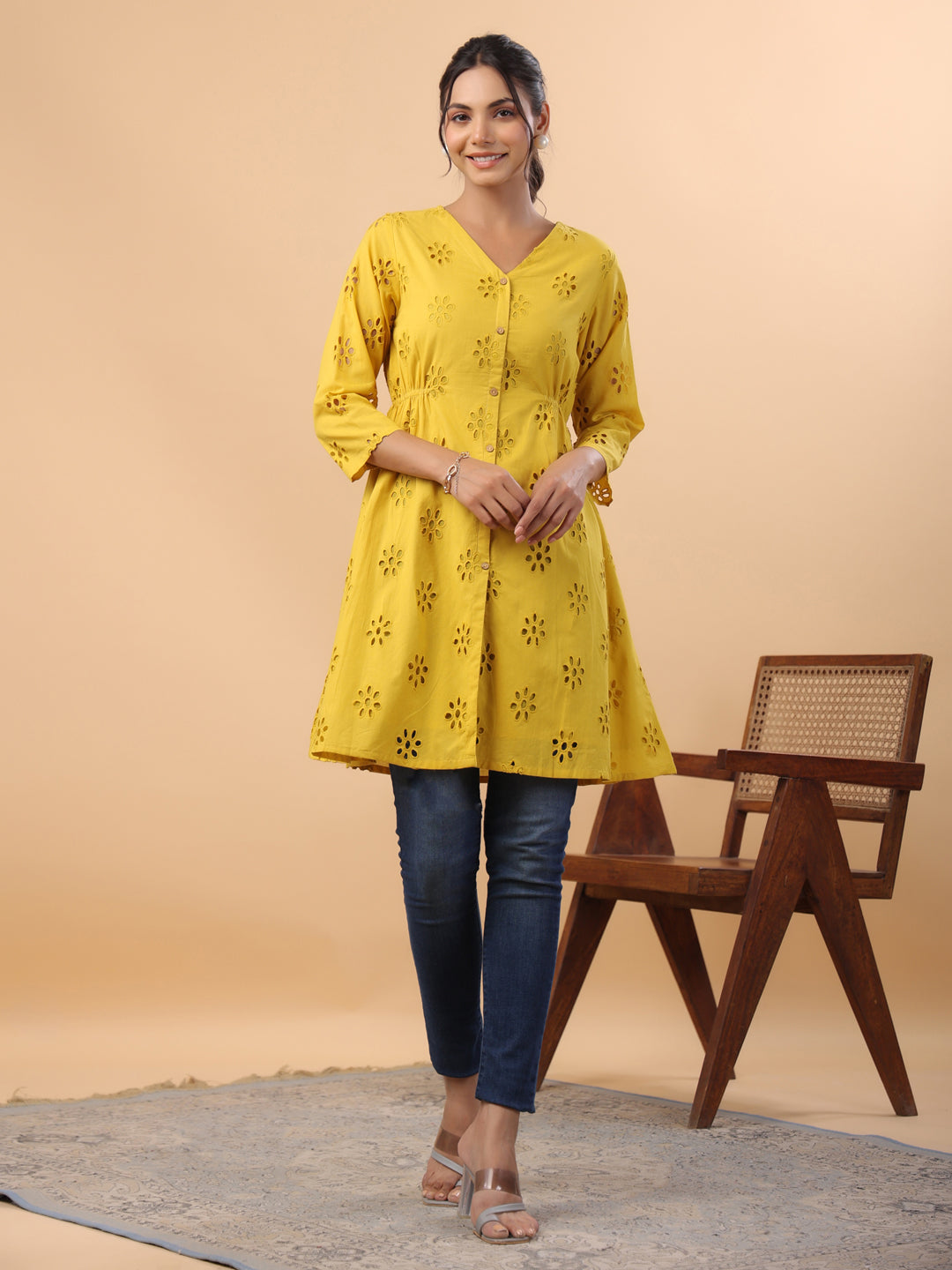 Janasya Mustard Cotton Schiffli A-Line Tunic