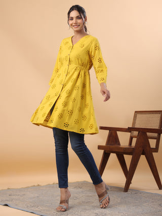 Janasya Mustard Cotton Schiffli A-Line Tunic