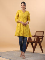 Thumbnail for Janasya Mustard Cotton Schiffli A-Line Tunic