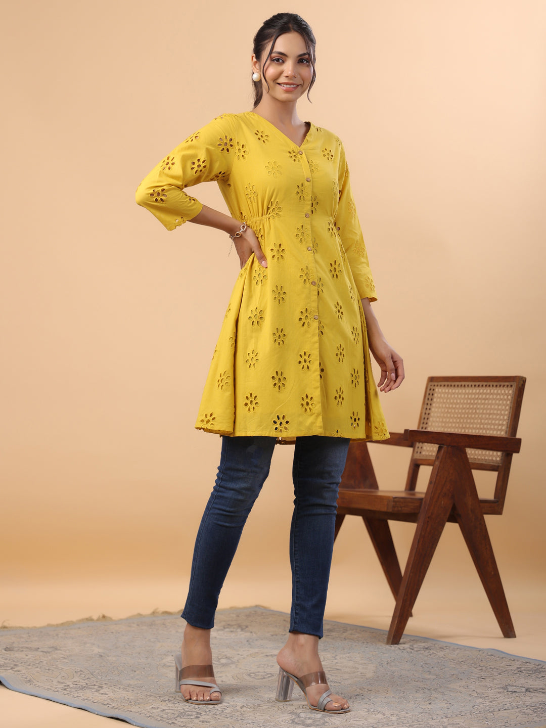 Janasya Mustard Cotton Schiffli A-Line Tunic