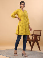 Thumbnail for Janasya Mustard Cotton Schiffli A-Line Tunic