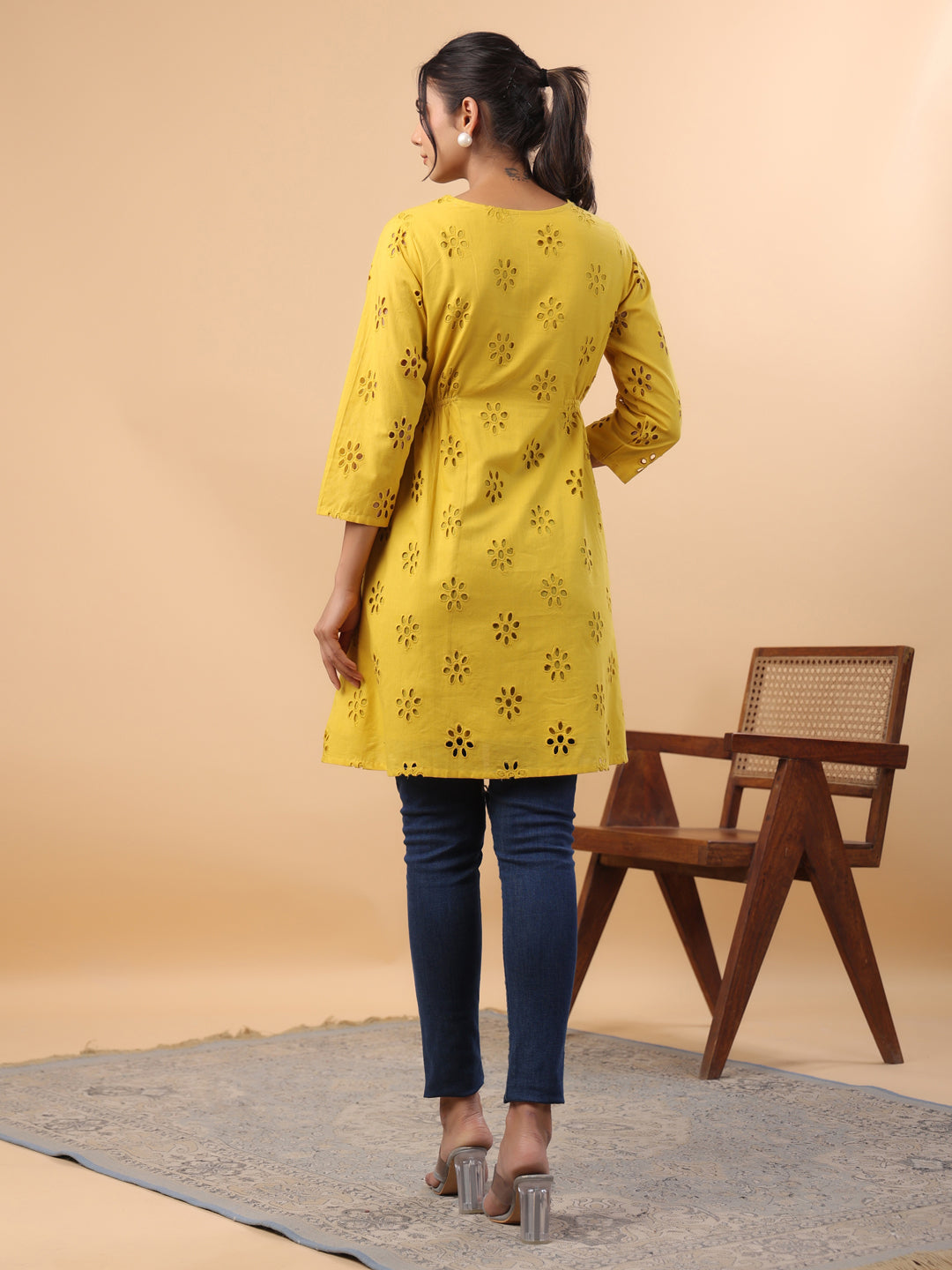 Janasya Mustard Cotton Schiffli A-Line Tunic