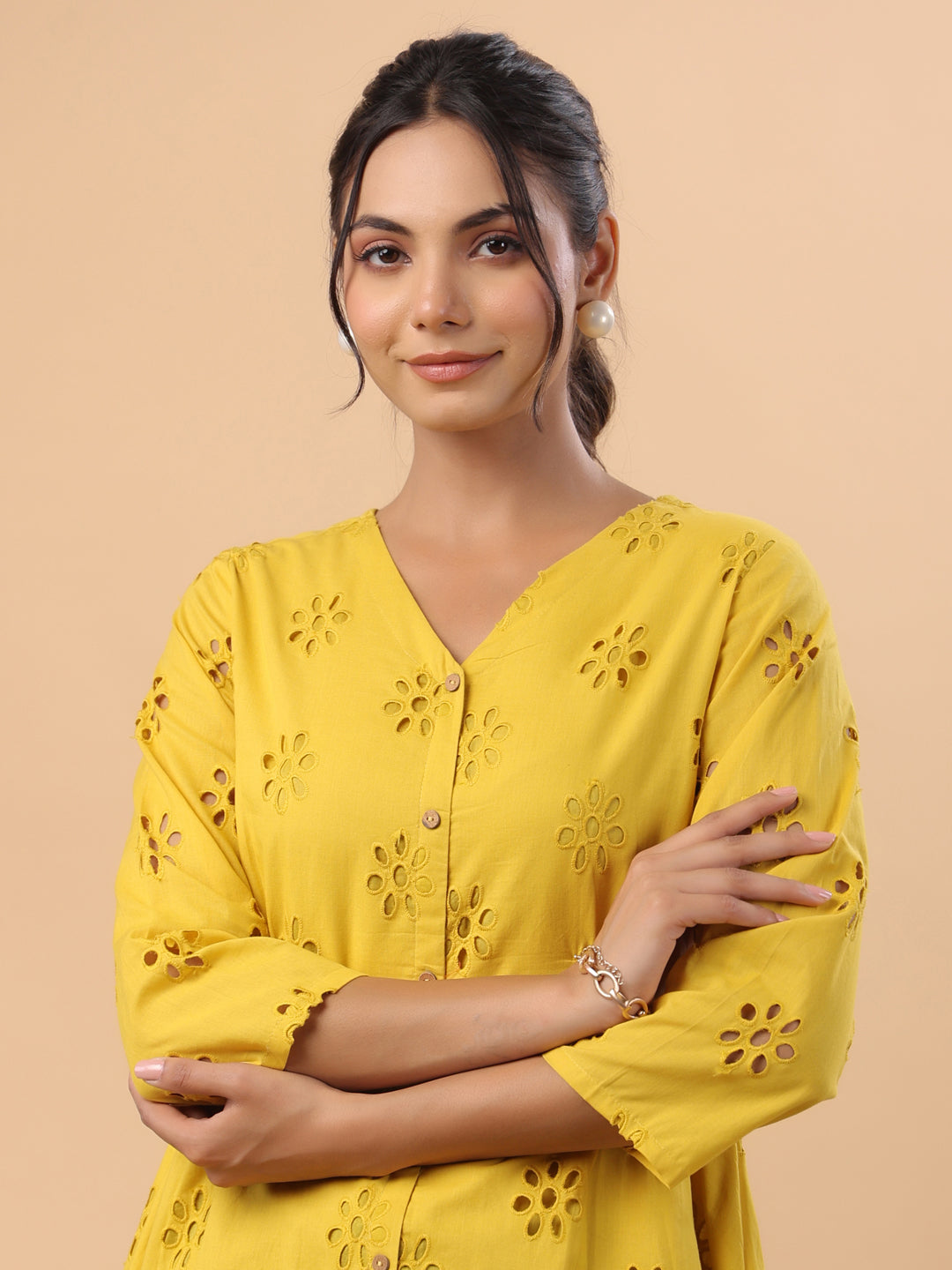 Janasya Mustard Cotton Schiffli A-Line Tunic