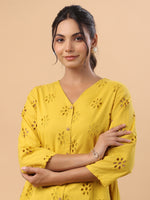 Thumbnail for Janasya Mustard Cotton Schiffli A-Line Tunic