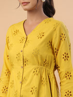 Thumbnail for Janasya Mustard Cotton Schiffli A-Line Tunic