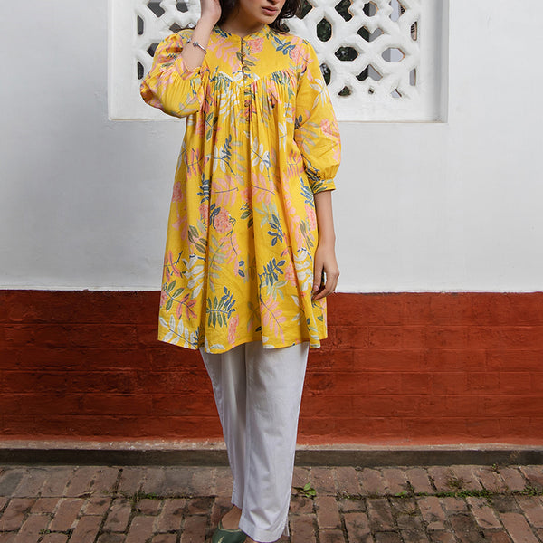 Janasya Light Cotton Tropical Gathered Tunic
