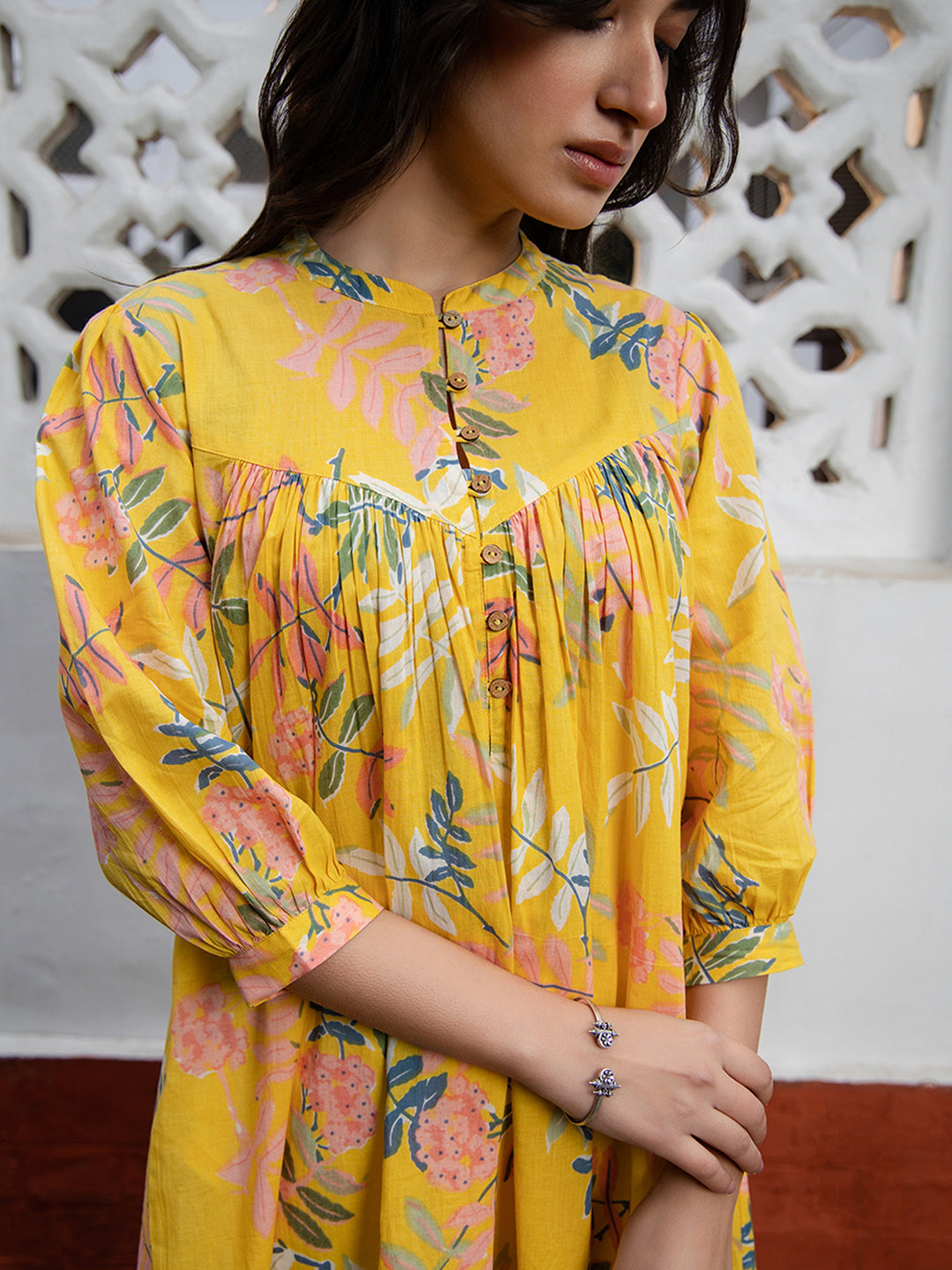 Janasya Light Cotton Tropical Gathered Tunic