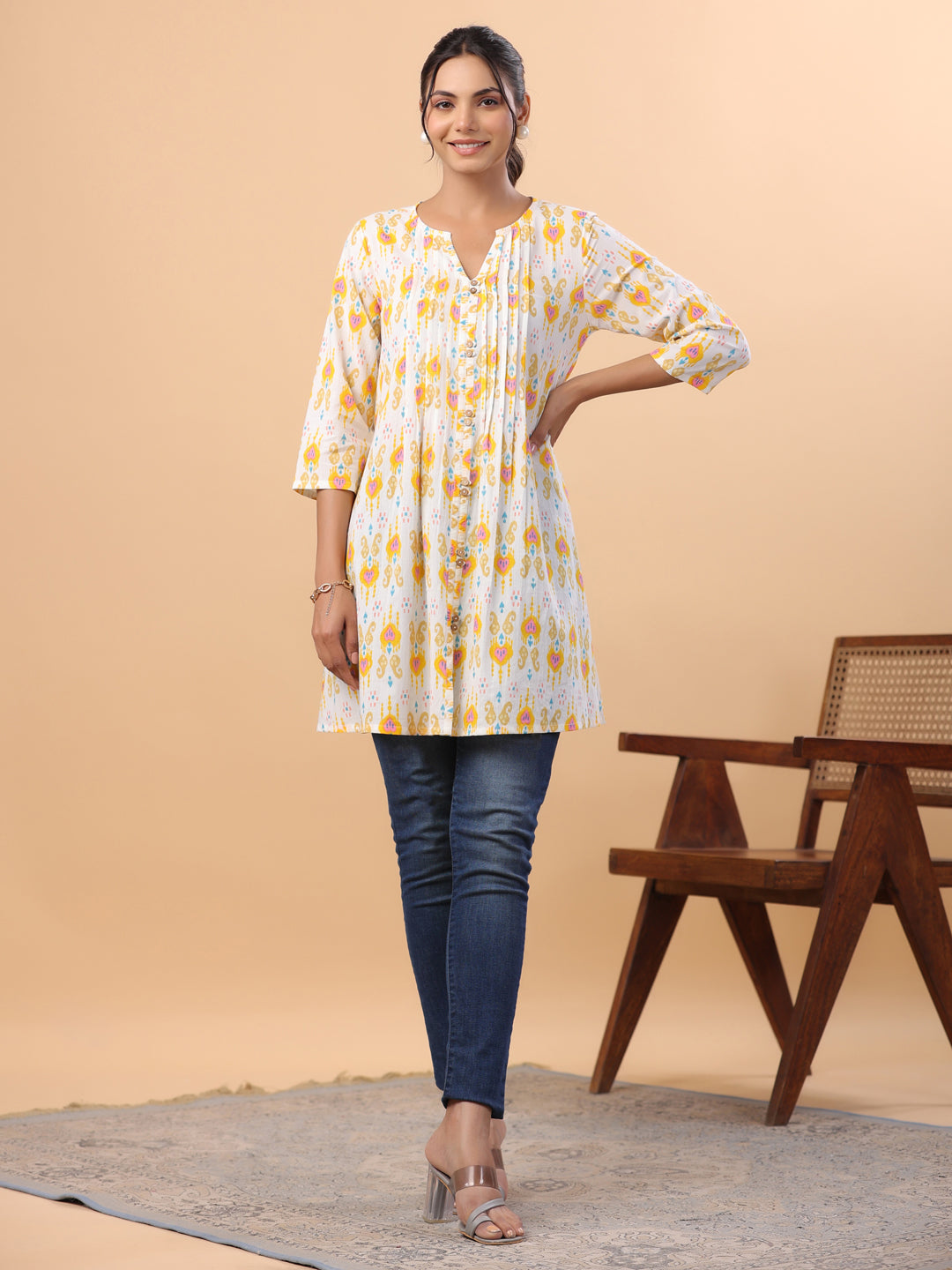 Janasya Pleated Cambric White Ikkat Notch Neck Tunic - Distacart