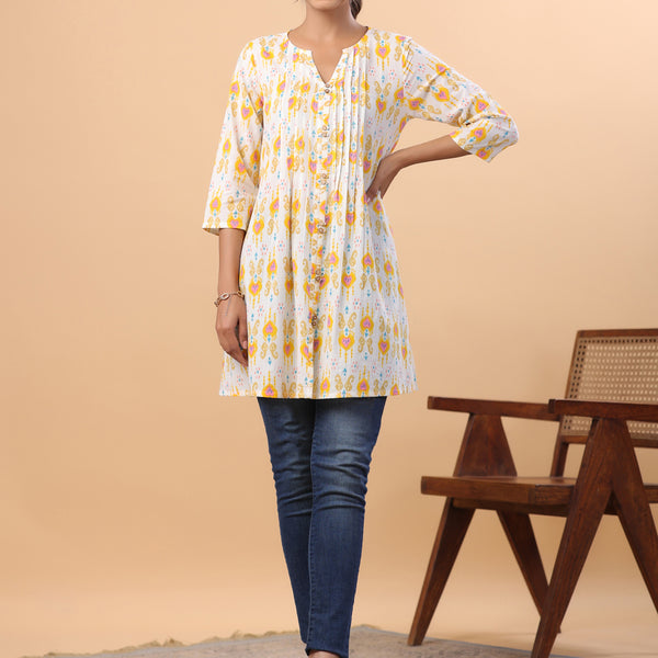 Janasya White Cambric Ikkat Tunic - Distacart