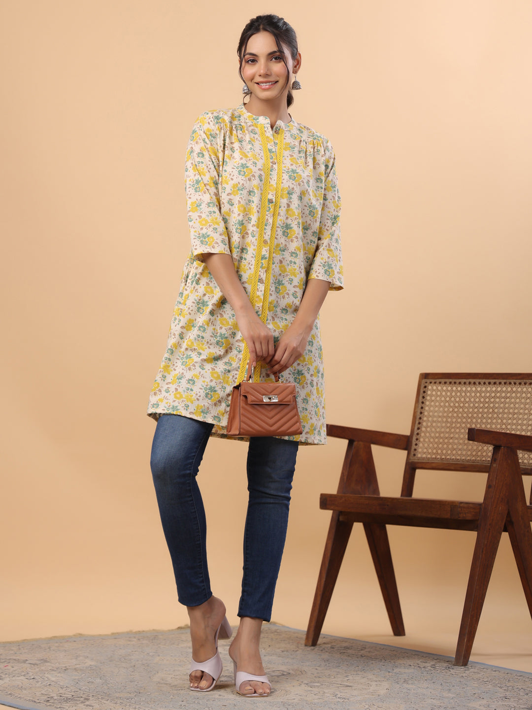 Janasya A-Line Cambric Beige Floral Band Collar Tunic - Distacart