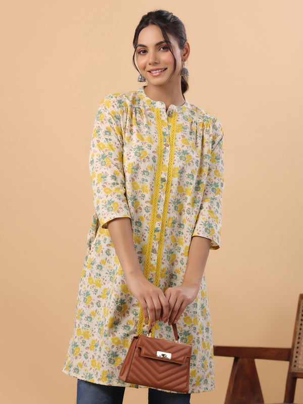 Janasya Beige Cambric Floral Tunic