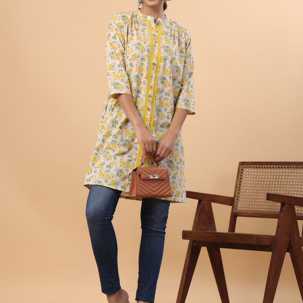 Janasya Beige Cambric Floral Tunic - Distacart