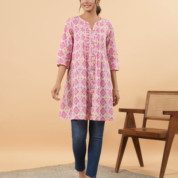 Janasya Pink Cambric Geometric Tunic - Distacart