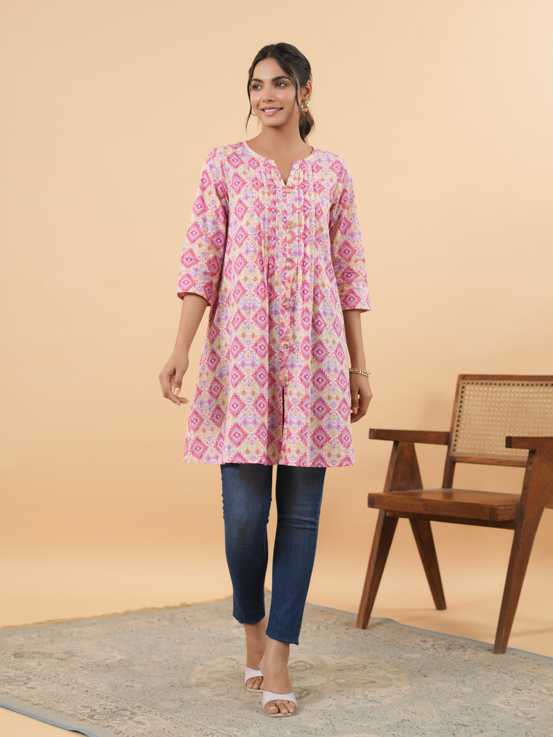 Janasya Pink Cambric Geometric Tunic - Distacart