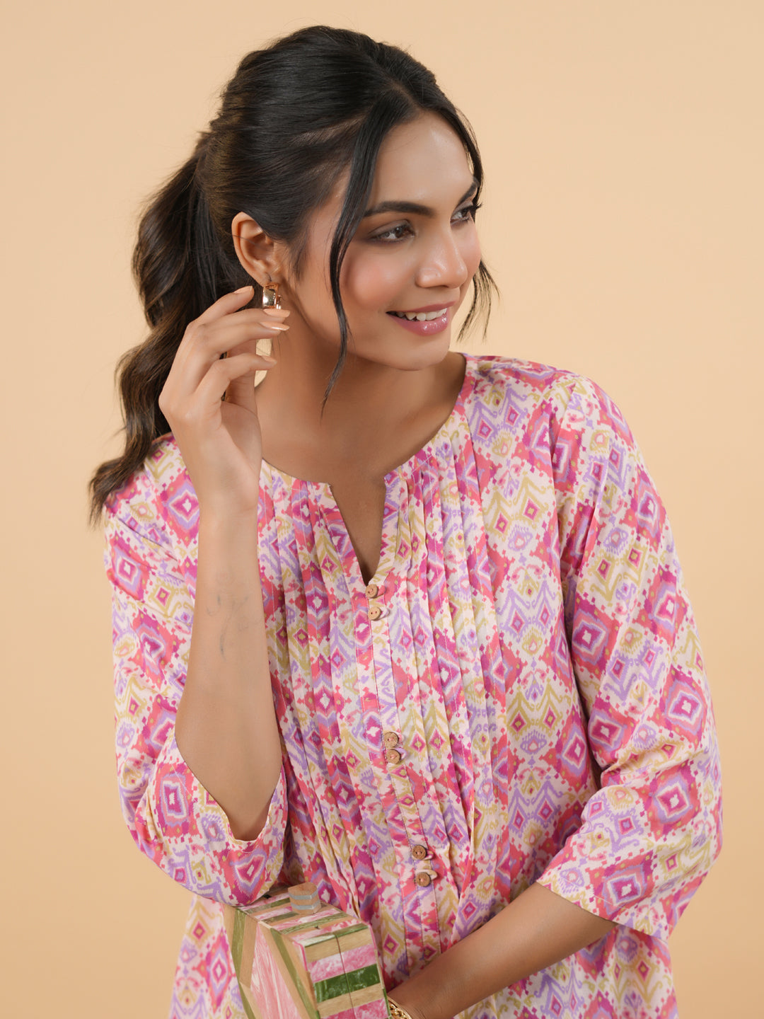 Janasya Pink Cambric Geometric Tunic - Distacart