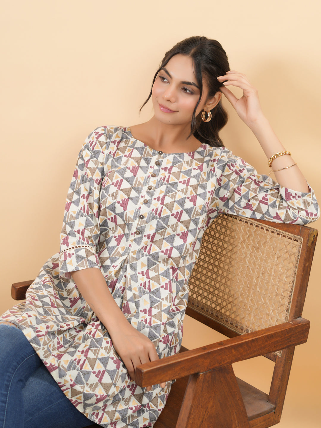 Janasya Off White Cambric Gemometric Tunic - Distacart