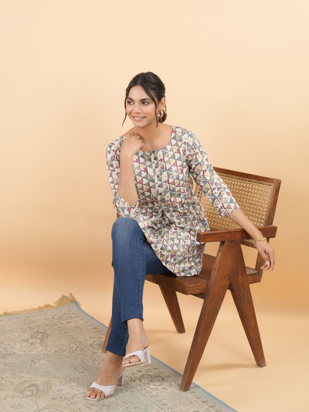 Janasya Off White Cambric Gemometric Tunic