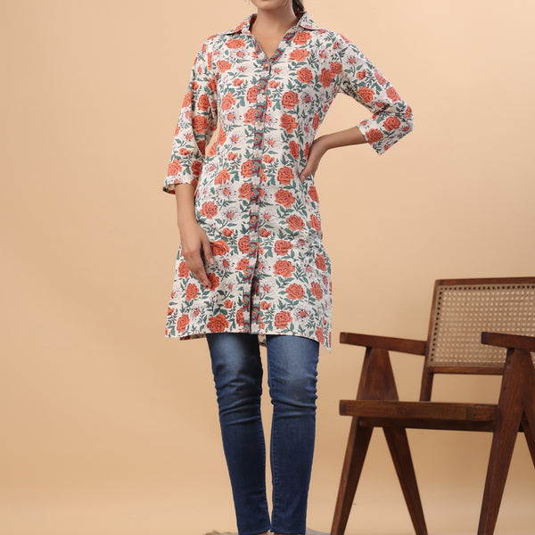 Janasya Regular Cambric Cream Floral Collar Tunic - Distacart