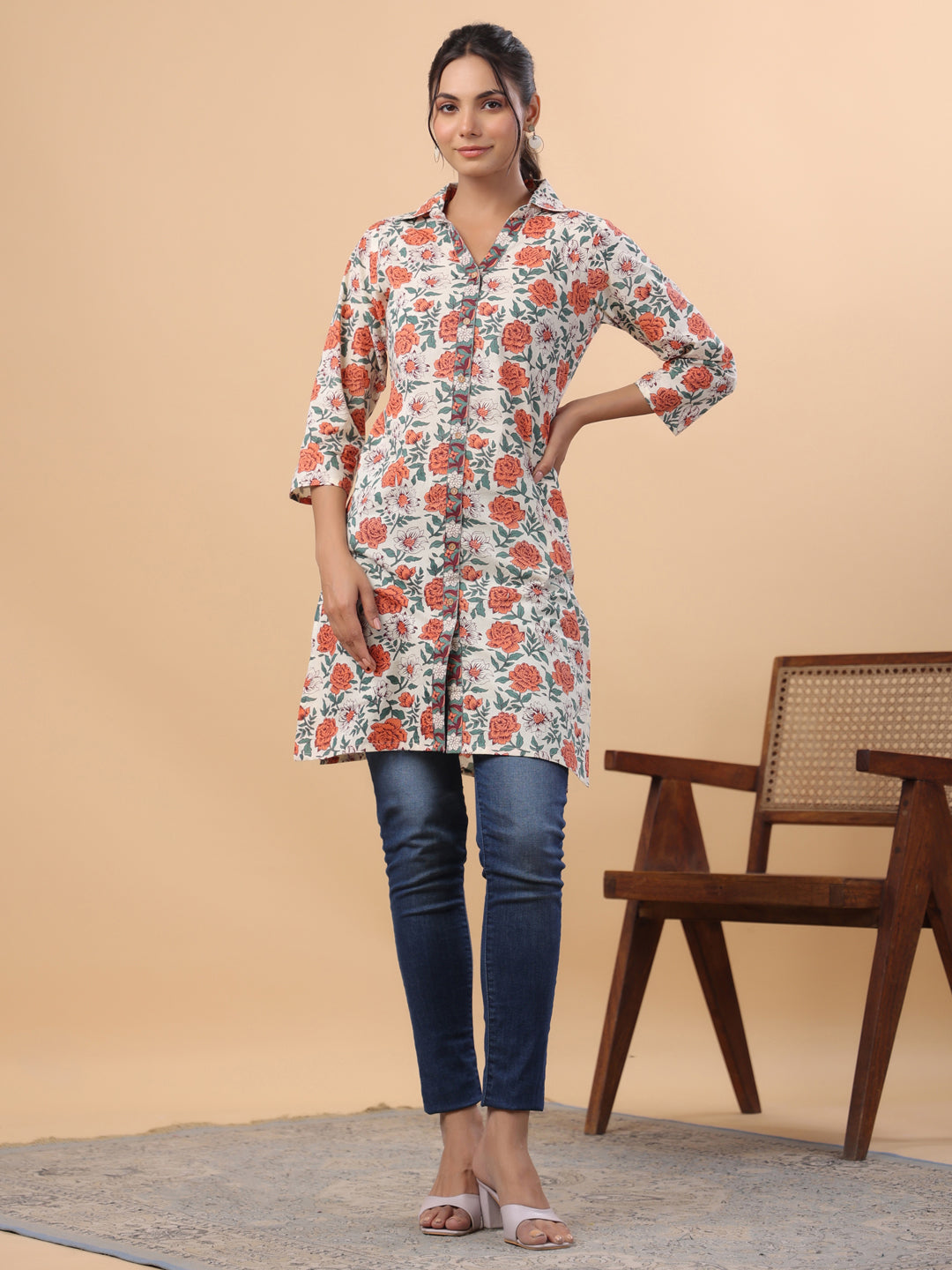 Janasya Regular Cambric Cream Floral Collar Tunic - Distacart