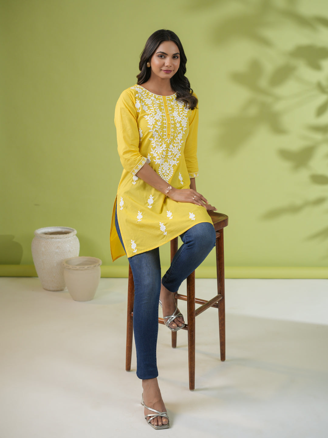 Janasya Straight Cotton Cambric Yellow Ethnic Motifs Round Neck Tunic - Distacart
