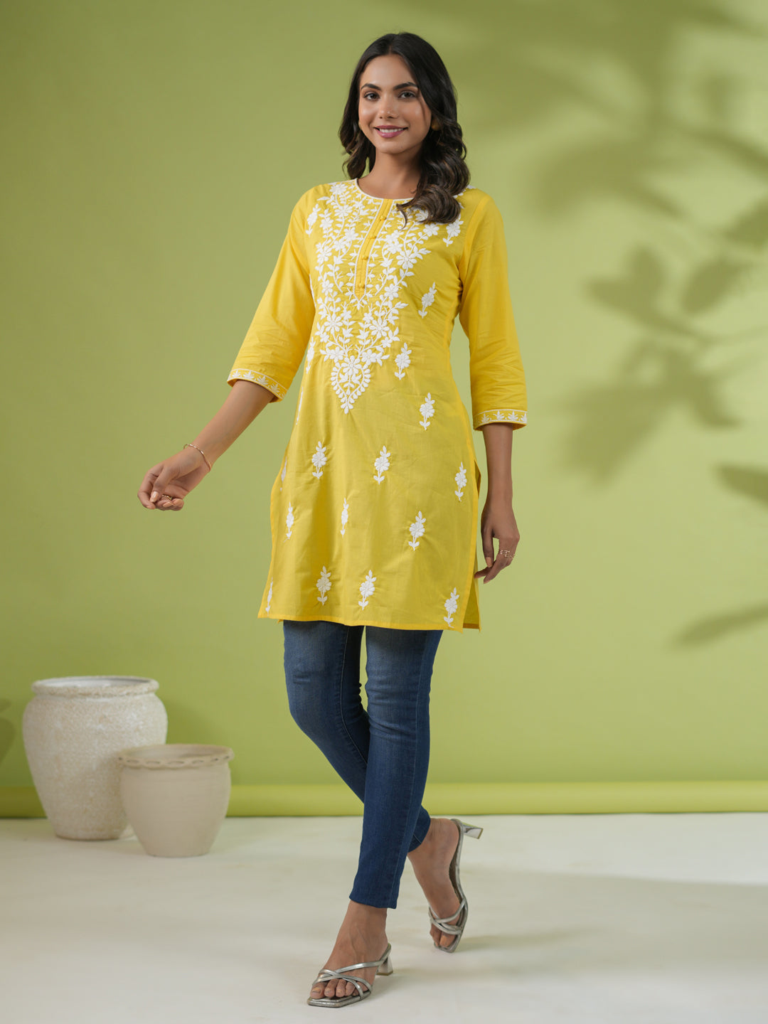 Janasya Straight Cotton Cambric Yellow Ethnic Motifs Round Neck Tunic - Distacart