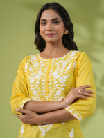 Thumbnail for Janasya Straight Cotton Cambric Yellow Ethnic Motifs Round Neck Tunic
