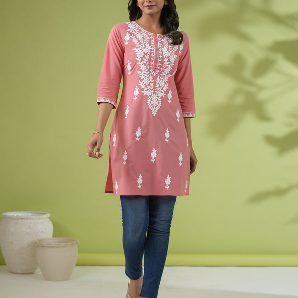 Janasya Straight Cambric Beige Embroidered Round Neck Tunic - Distacart