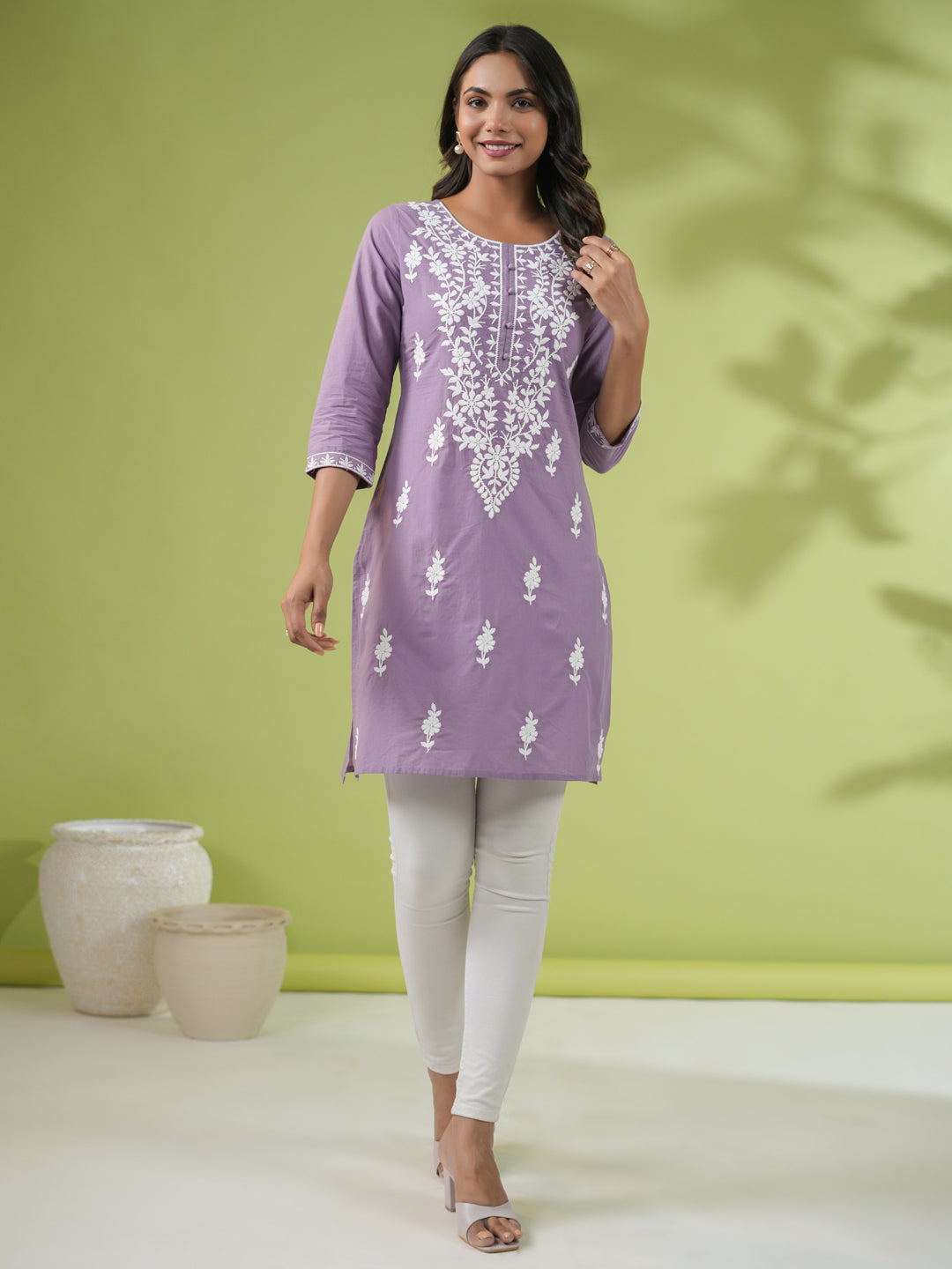 Janasya Straight Cambric Lavender Embroidered Round Neck Tunic - Distacart