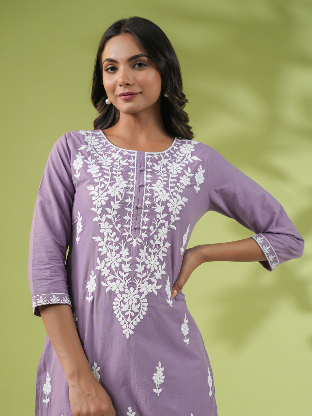 Janasya Straight Cambric Lavender Embroidered Round Neck Tunic - Distacart
