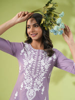 Thumbnail for Janasya Lavender Cambric Embroidered Tunic